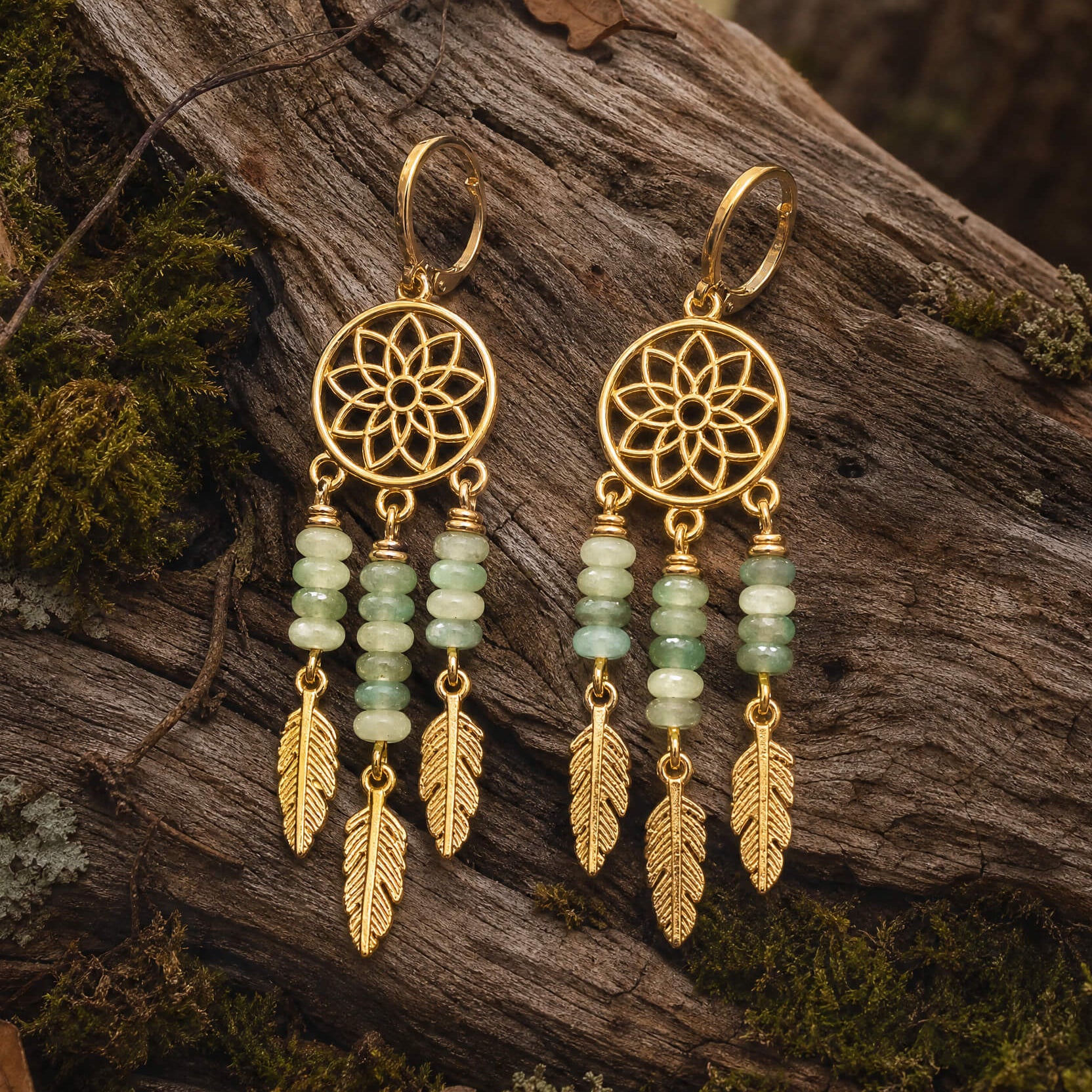 Gold Plated dreamcatcher boho earrings with green aventurine beads on wood