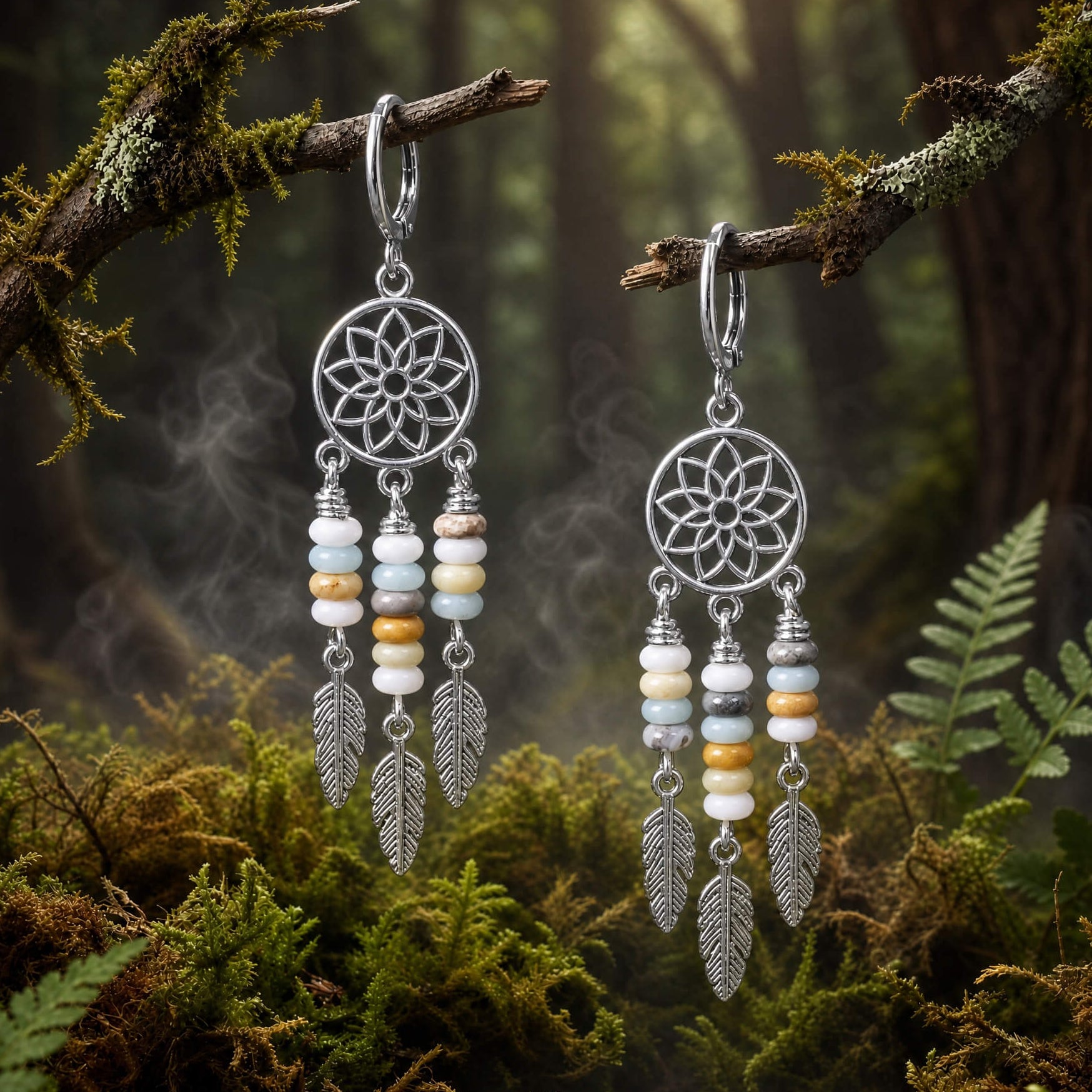 Silver dreamcatcher earrings with amazonite beads and feathers on a branch in a forest setting