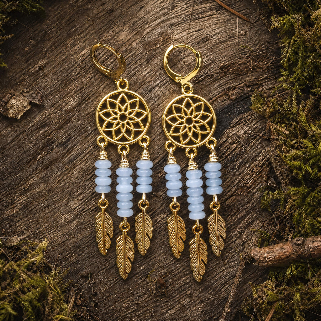 Gold plated dreamcatcher earrings with aquamarine beads