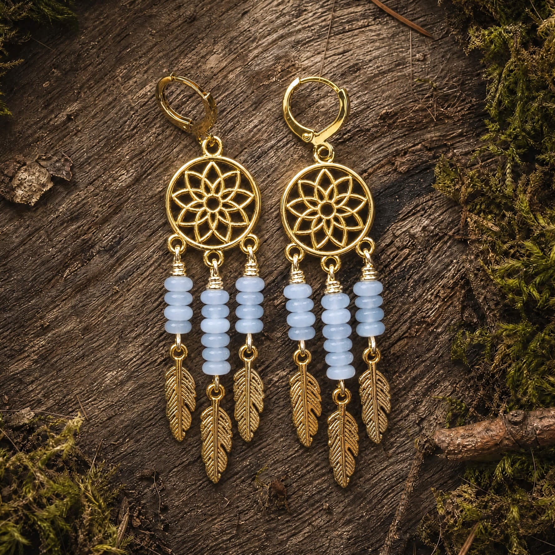 Gold plated dreamcatcher earrings with aquamarine beads