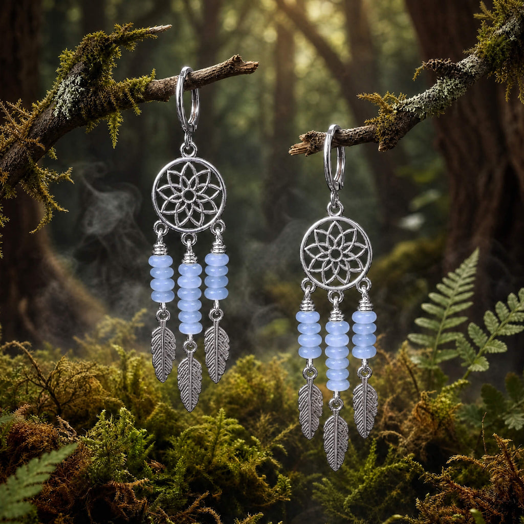 Silver rhodium plated dreamcatcher earrings with aquamarine beads