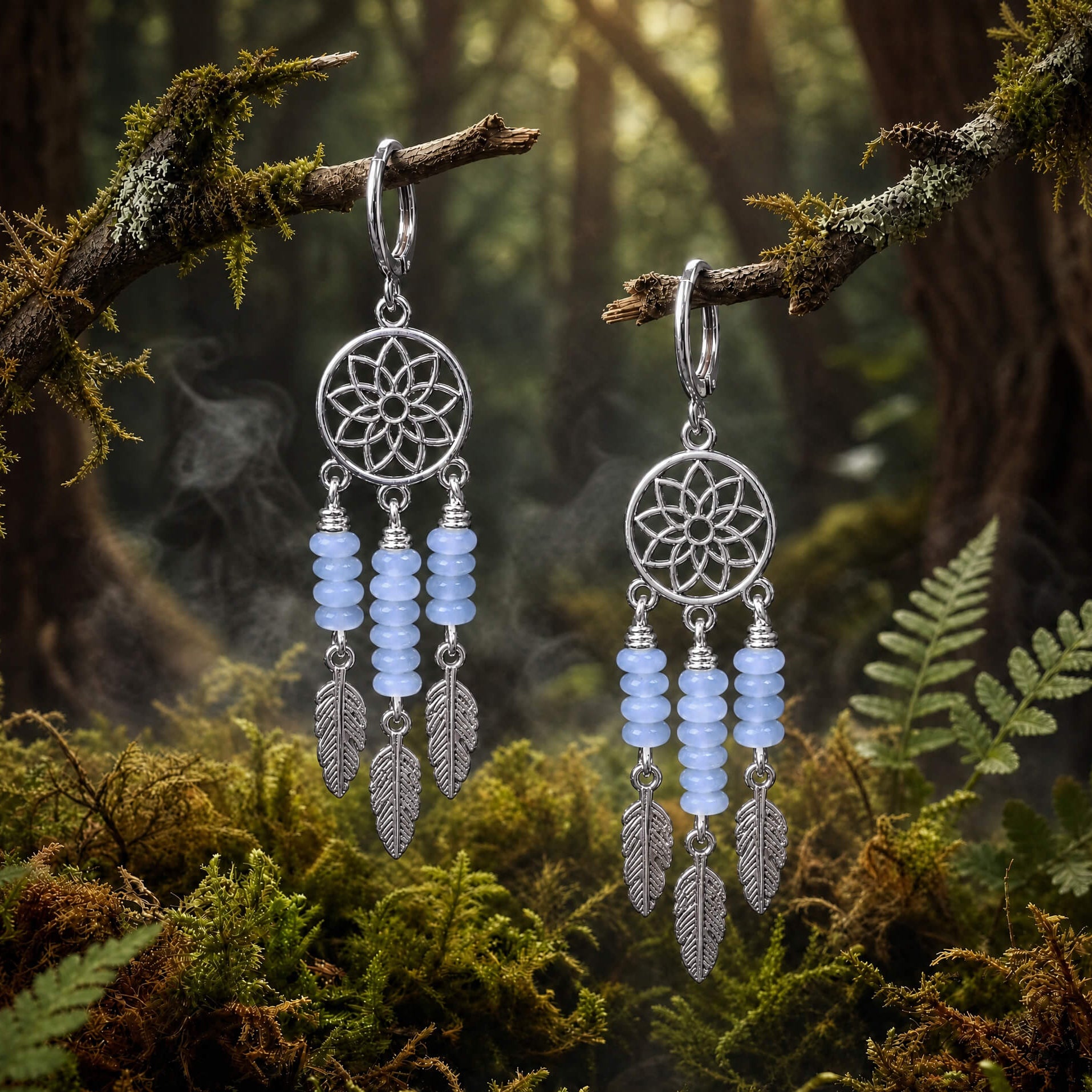 Silver rhodium plated dreamcatcher earrings with aquamarine beads