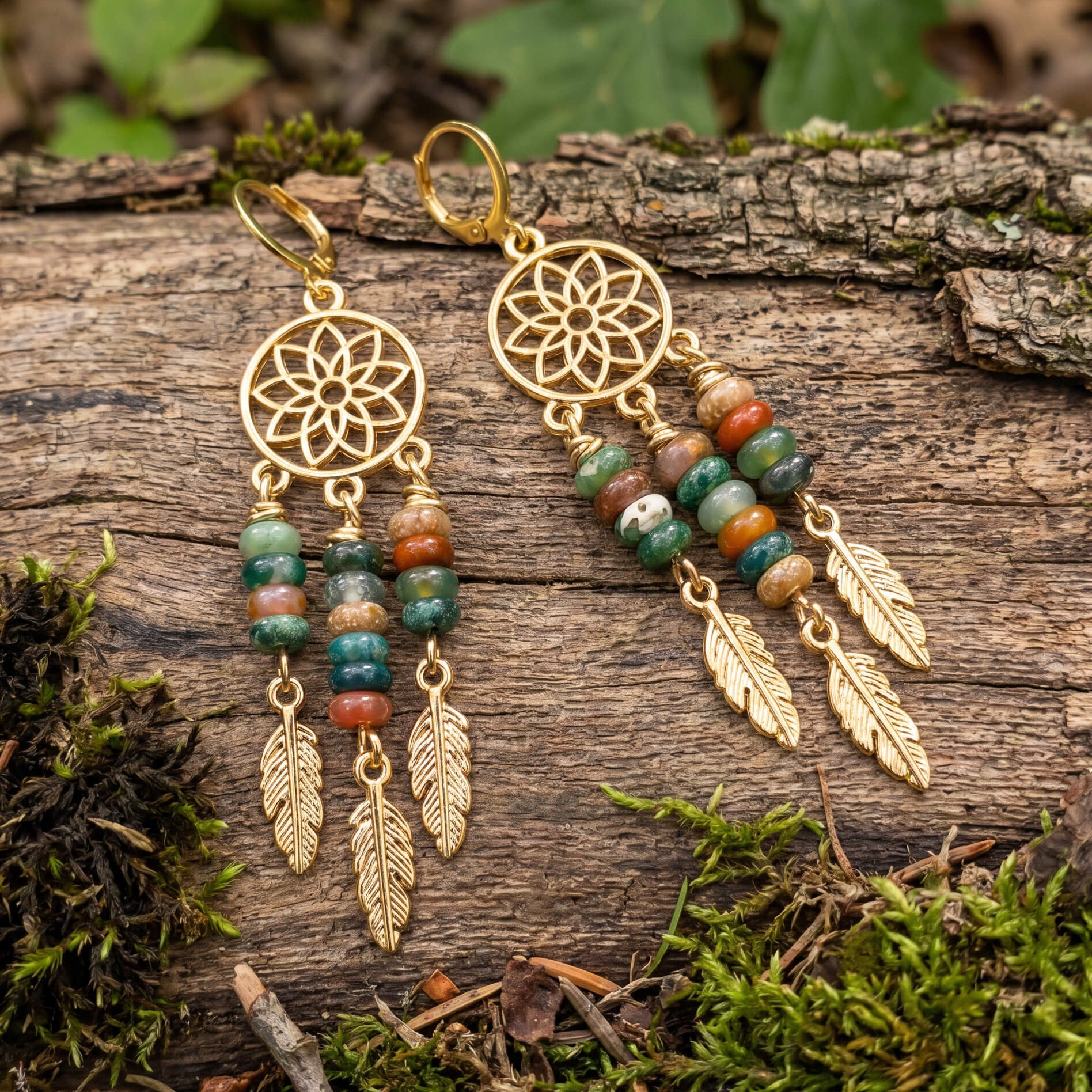 Gold earrings with indian agate / fancy jasper beads and feathers
