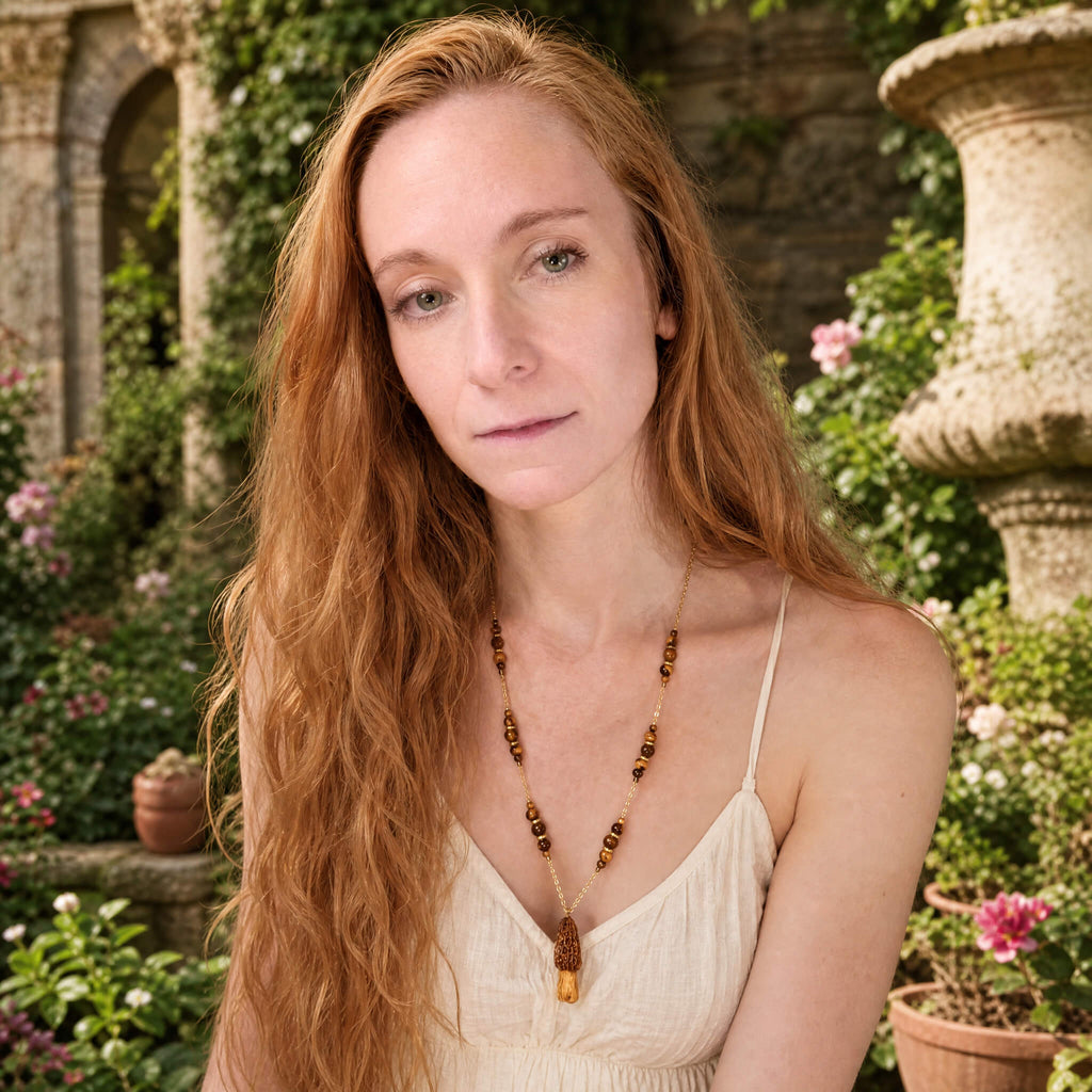 woman wearing morel & tiger eye necklace