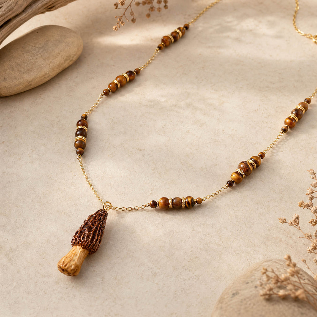 morel mushroom tiger's eye necklace